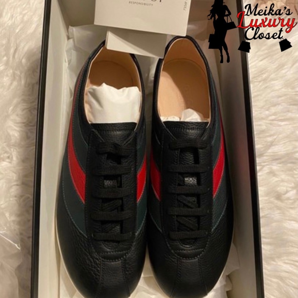 Rare ❤️ GUCCI Leather Low-Top Sneaker Web Black 8